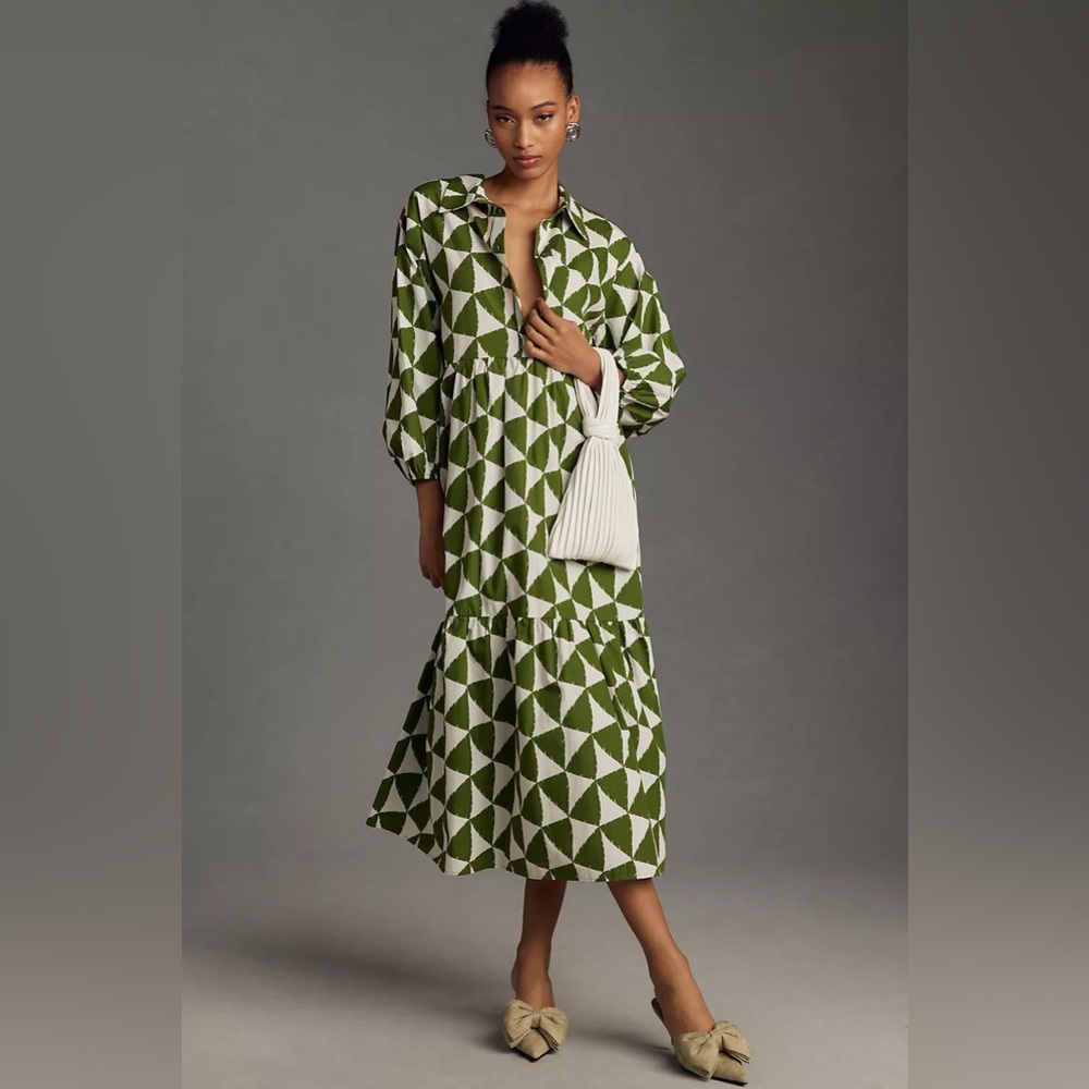 Maeve by Anthropologie The Bettina Tiered Midi Shirt Dress size XS Moss Green